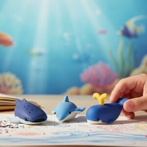 (Lot Of 3) 3D Puzzle 1" Miniature Multi-Color Erasers Figural Whales And Dolphin